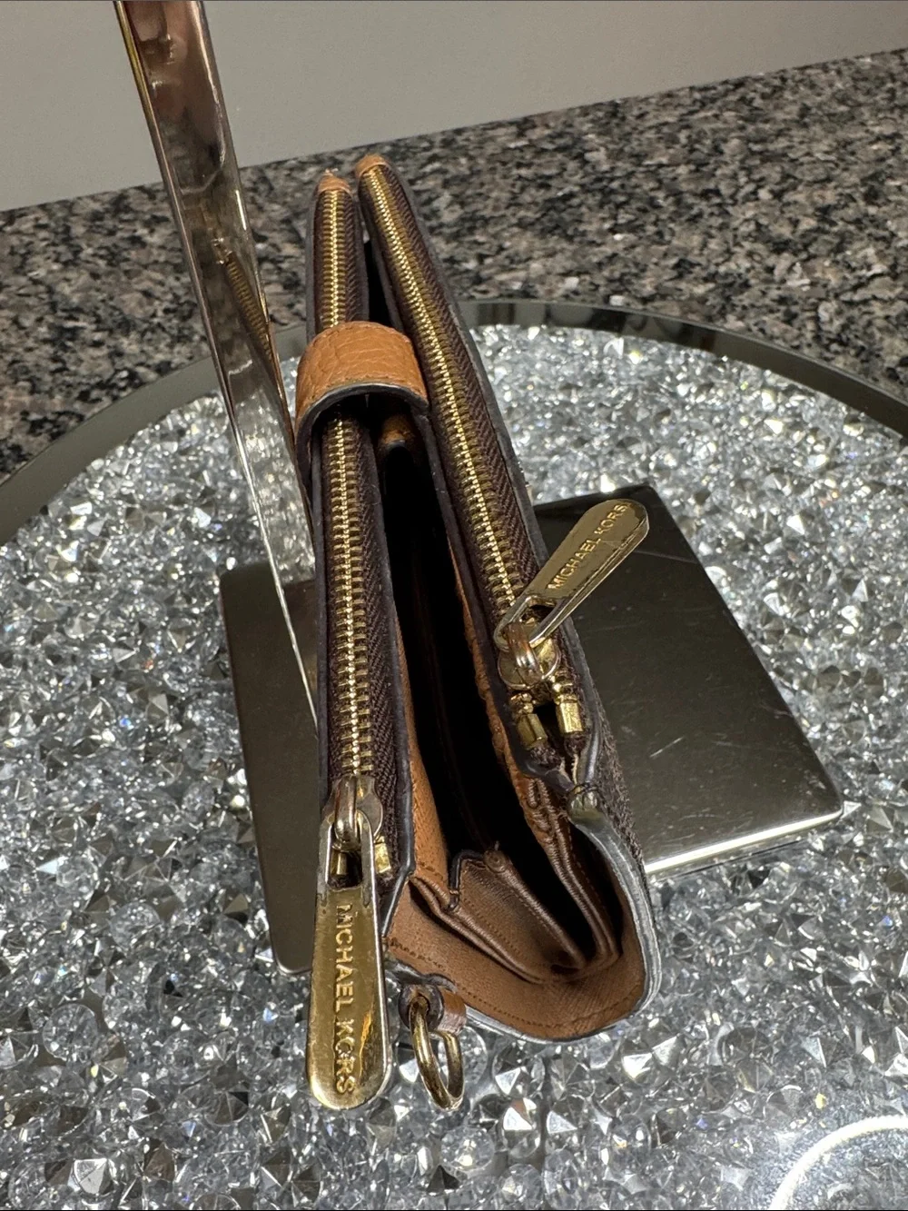 Michael Kors large Brown Signature MK Zip Wristlet with Gold Logo EUC